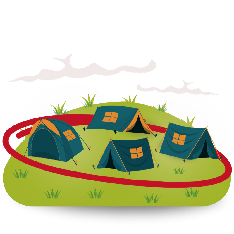 A red circle surrounds four tents