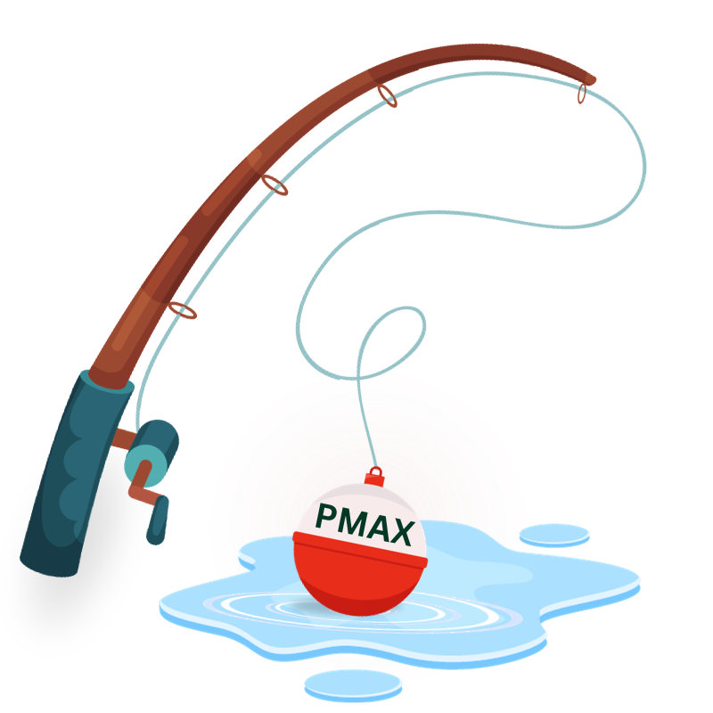 A fishing pole with a bobber that says PMAX on it.