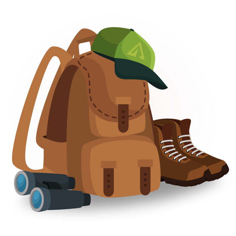 A backpack with a hat resting on top, next to a pair of binoculars and hiking boots