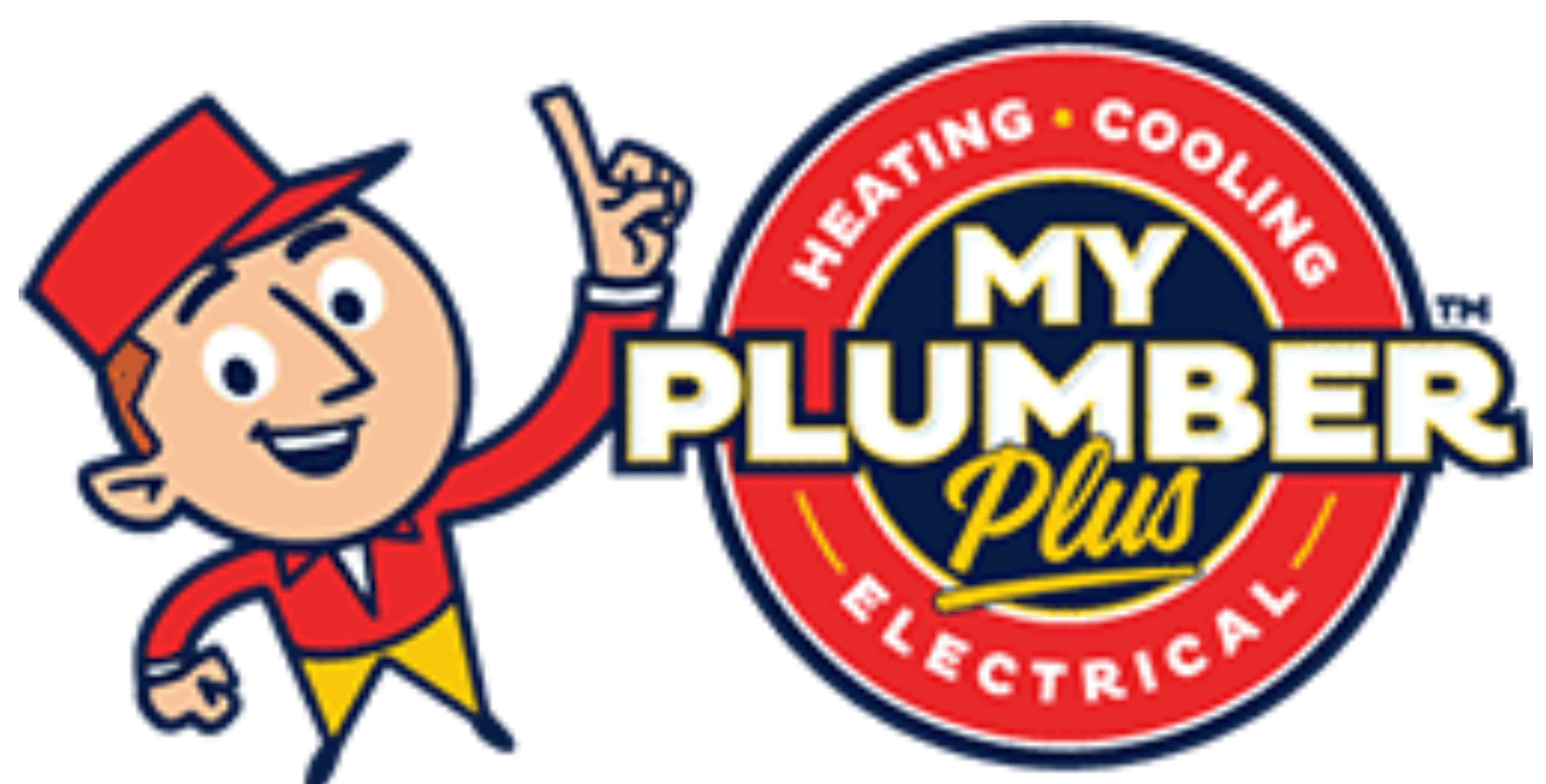 A cartoon character enthusiastically pointing up stands beside a logo featuring "My Plumber Plus" alongside "Heating, Cooling, Electrical," capturing the spirit seen in About CAMP Digital's vibrant designs.