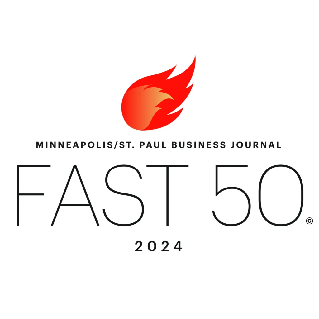 Logo of Minneapolis/St. Paul Business Journal Fast 50 2024, featuring a flame icon above the text, symbolizing their Marketing Awards & Accolades.