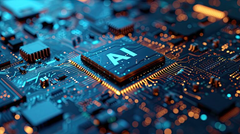 Close-up of a circuit board featuring a prominent AI chip at the center, surrounded by glowing circuits and components.