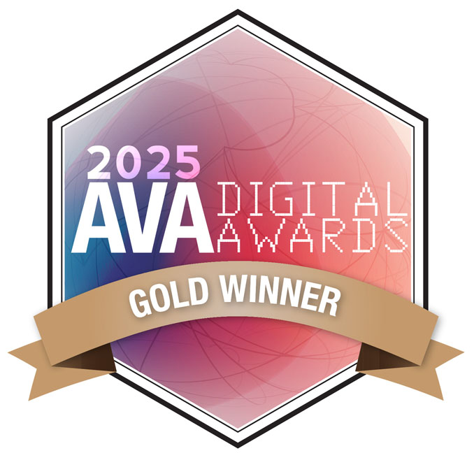 The 2025 AVA Digital Awards badge proudly displays "Gold Winner" on a brown ribbon, set against a captivating pink and purple gradient background, symbolizing prestigious marketing accolades.