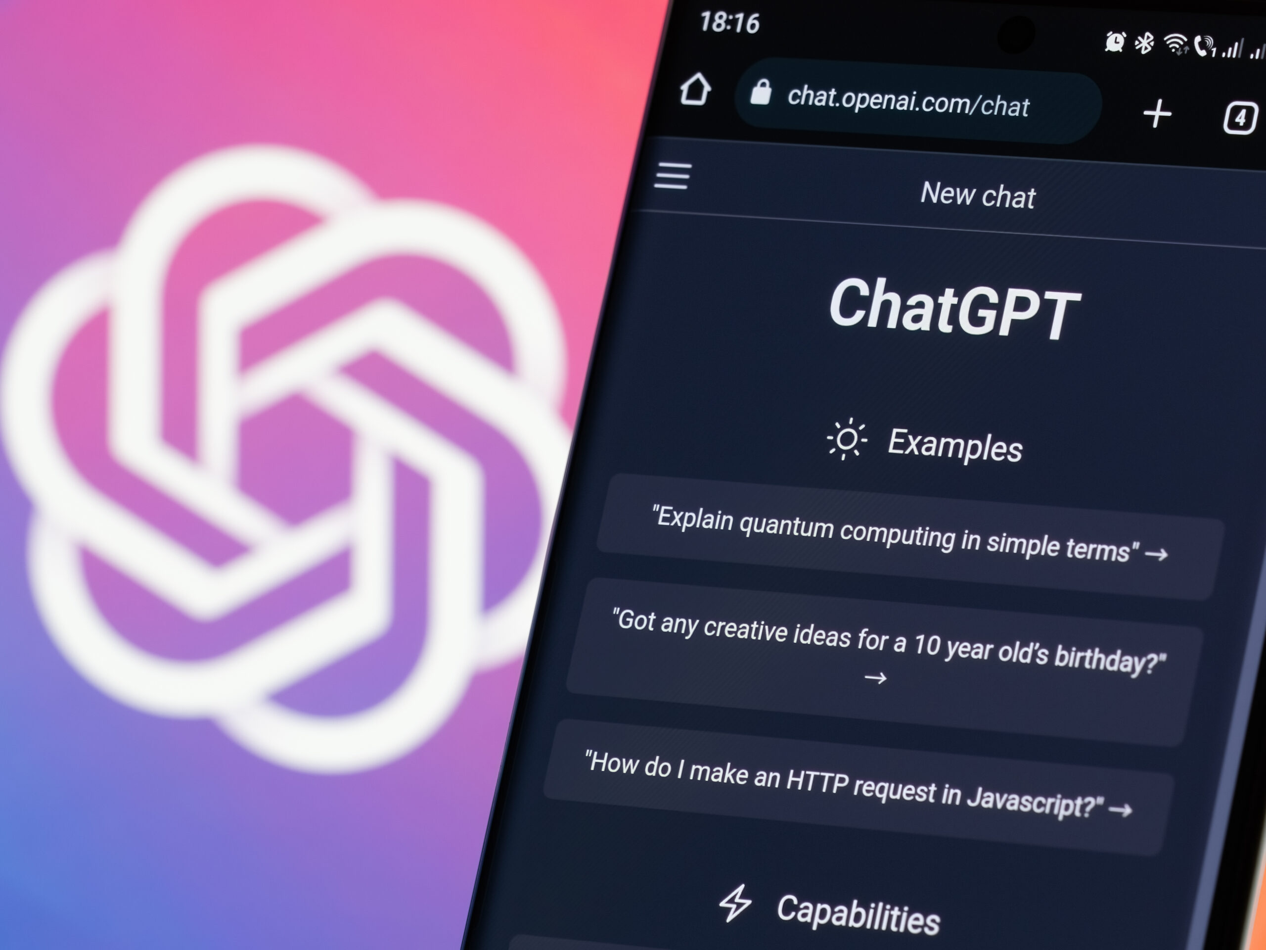 Smartphone screen displaying the ChatGPT interface with suggested prompts. OpenAI logo is visible in the background.