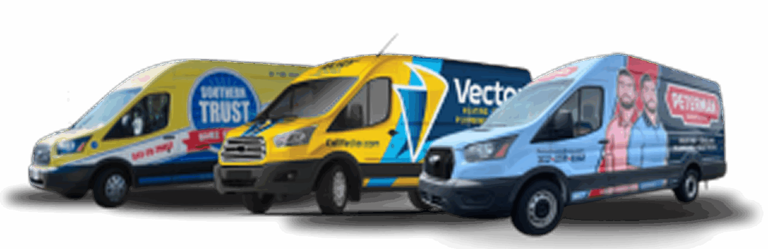 Three service vans with different company logos and colorful branding, showcasing Home Service Digital Marketing expertise, are parked side by side, facing right, on a plain white background.