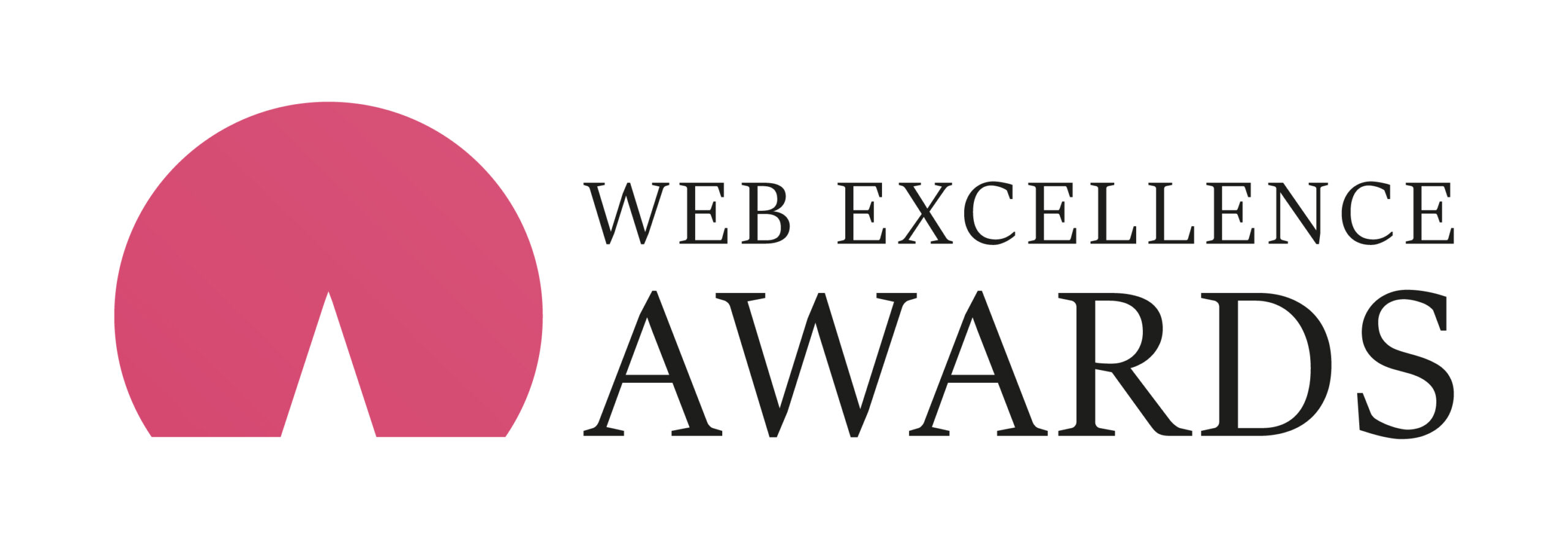 Logo for the Web Excellence Awards, a recognized name in Marketing Awards & Accolades, featuring a pink semicircle with a white triangle cutout next to the text "WEB EXCELLENCE AWARDS" in black capital letters.