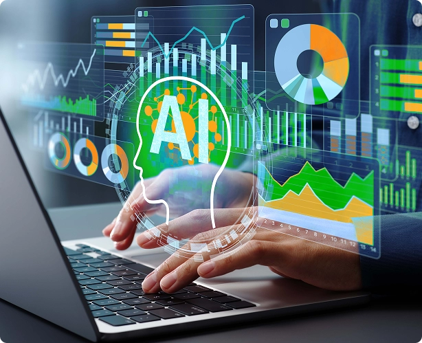 Person typing on laptop with digital graphics of charts, graphs, and a glowing AI icon overlaid, representing data analysis, artificial intelligence technology, and Home Service Digital Marketing solutions.