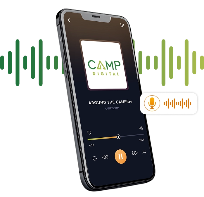 A smartphone displays a music or podcast player screen with the CAMP Digital logo, surrounded by green sound wave graphics and a voice recording icon.