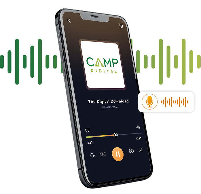 A smartphone displays a podcast called "The Digital Download" by CAMP DIGITAL, with green audio wave graphics in the background.