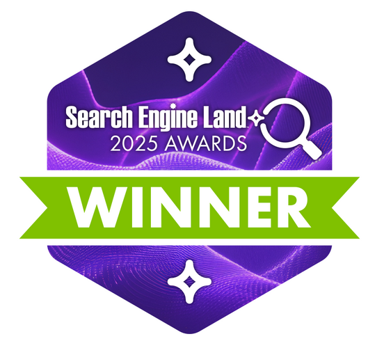 Hexagonal badge with a purple background reads "Search Engine Land 2025 Marketing Awards Winner," featuring a magnifying glass icon and a green winner banner, celebrating top marketing awards & accolades.