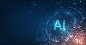 Digital illustration of the letters "AI" in the center, surrounded by abstract circuit patterns and glowing lines on a dark blue background.