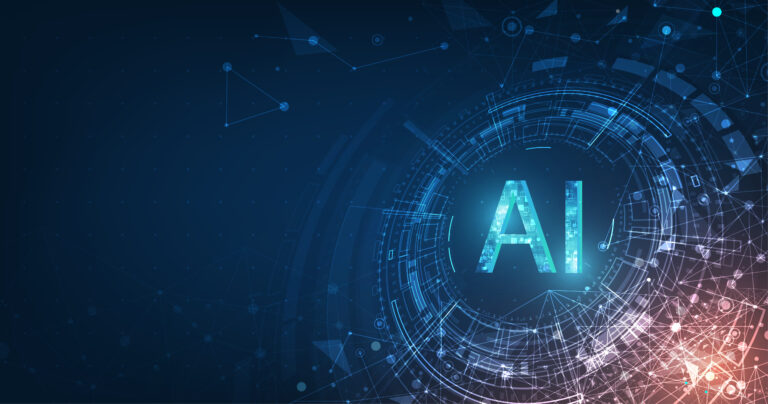 Digital illustration of the letters "AI" in the center, surrounded by abstract circuit patterns and glowing lines on a dark blue background.