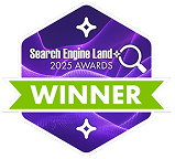 A purple badge featuring the text "Search Engine Land 2025 Awards WINNER," a magnifying glass icon, and recognition for excellence in Home Service Digital Marketing.