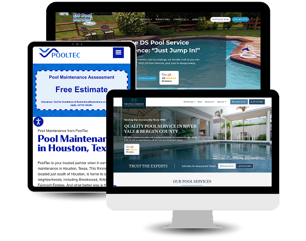 Three computer screens display different pool service company websites, showcasing service information, free estimates, and contact details.