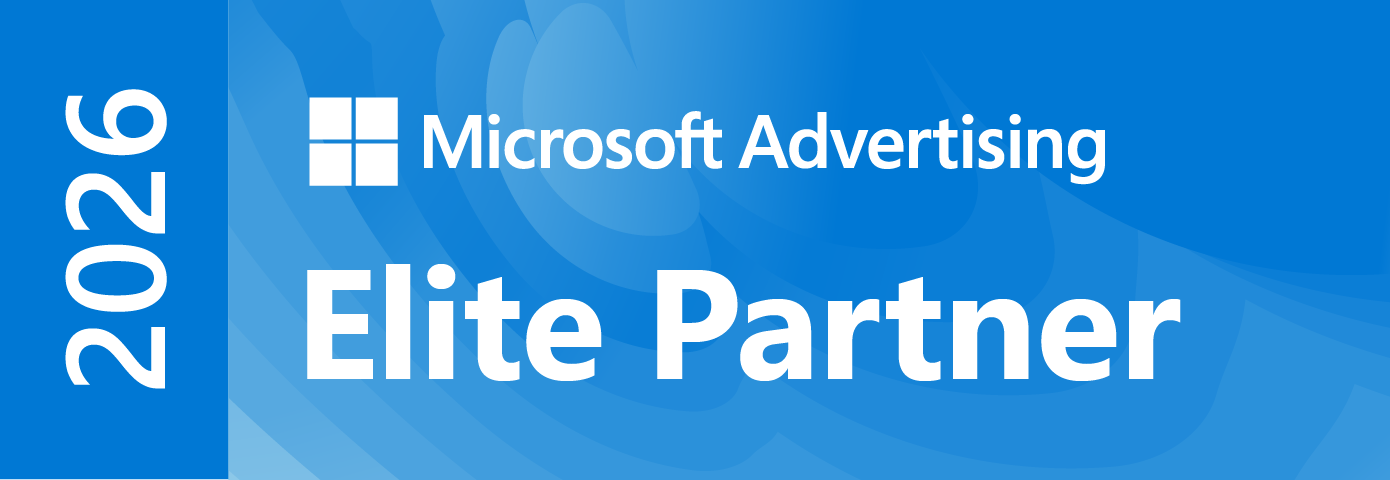 Blue banner with the Microsoft Advertising logo and text "Elite Partner." The year "2026" appears vertically on the left side, highlighting top Marketing Awards & Accolades recognition.