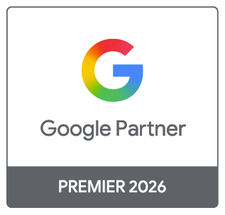 Google Partner Premier 2026 badge featuring a multicolored "G" logo above the text "Google Partner" and "Premier 2026" on a gray background, showcasing top Marketing Awards & Accolades.