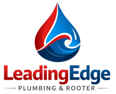 Logo for Leading Edge Plumbing & Rooter featuring a stylized water droplet in red and blue above the company name in bold text, reflecting their role in Home Service Success Stories.