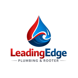 Logo for Leading Edge Plumbing & Rooter featuring a stylized water droplet in red and blue above the company name in bold text, reflecting their role in Home Service Success Stories.