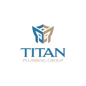 Logo for Titan Plumbing Group featuring a geometric emblem in blue and gold above the company name in blue, with "PLUMBING GROUP" in smaller gold text below—perfect for showcasing Home Service Success Stories.
