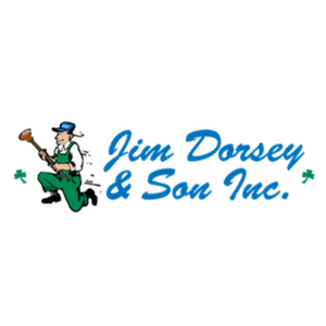 Logo for "Jim Dorsey & Son Inc." featuring a cartoon plumber in green overalls running with a plunger next to blue script text, capturing the spirit of Home Service Success Stories.