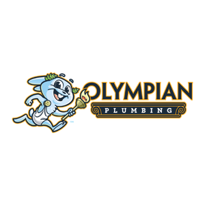 Cartoon character dressed as an ancient Olympian runs with a torch next to the text "Olympian Plumbing," highlighting Home Service Success Stories on a white background.