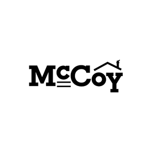 Black text logo reads "McCoy" with a roof and chimney design above the "o," three horizontal lines under the "C," and evokes Home Service Success Stories on a white background.