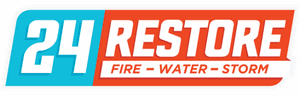 Logo with blue and red sections reading "24 RESTORE" and smaller text below stating "FIRE - WATER - STORM," highlighting Home Service Success Stories in restoration.