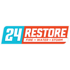 Logo with blue and red sections reading "24 RESTORE" and smaller text below stating "FIRE - WATER - STORM," highlighting Home Service Success Stories in restoration.
