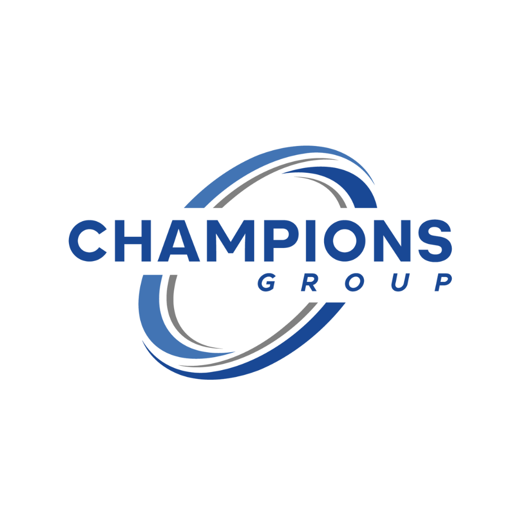 Champions Group logo featuring blue and gray curved lines forming a partial oval around the words "CHAMPIONS GROUP" on a white background, representing Home Service Success Stories.