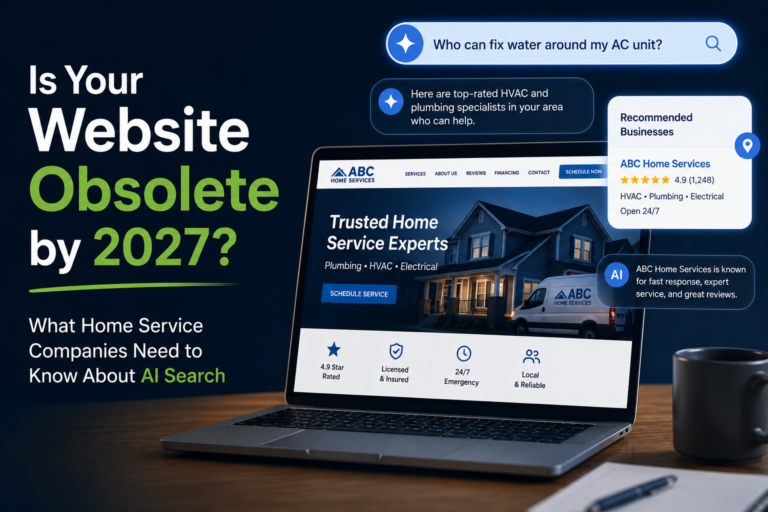 A laptop displays a home services website; a digital overlay shows an AI Search for Home Service Companies recommending HVAC and plumbing businesses. Text asks if websites will be obsolete by 2027 due to AI search.