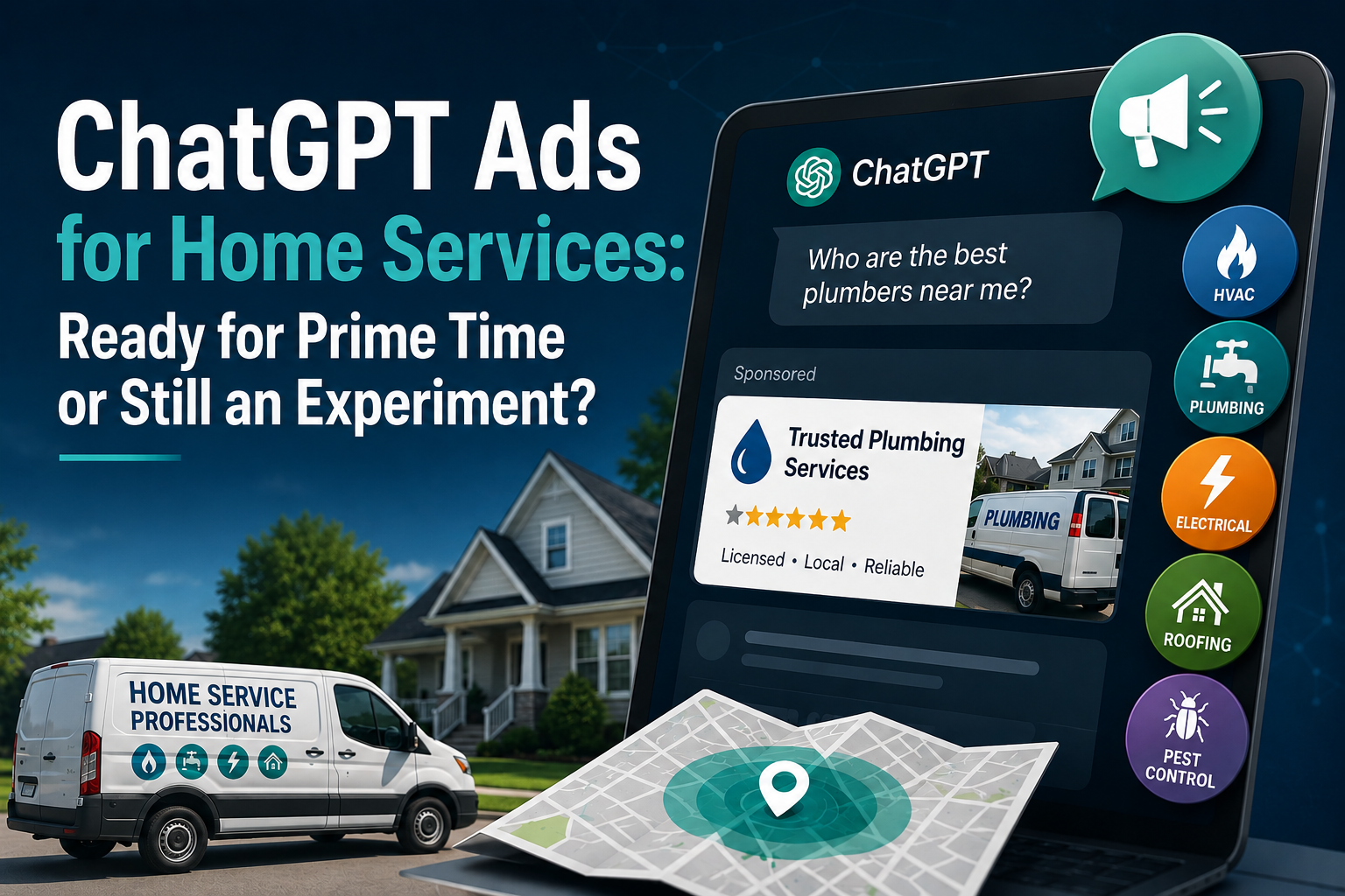 A tablet displays a ChatGPT search for local plumbers alongside a van labeled "Home Service Professionals" and icons for various home services like HVAC, plumbing, and electrical.