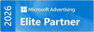 Blue badge with the Microsoft Advertising logo, text "Elite Partner," and year "2026" displayed vertically on the left side.