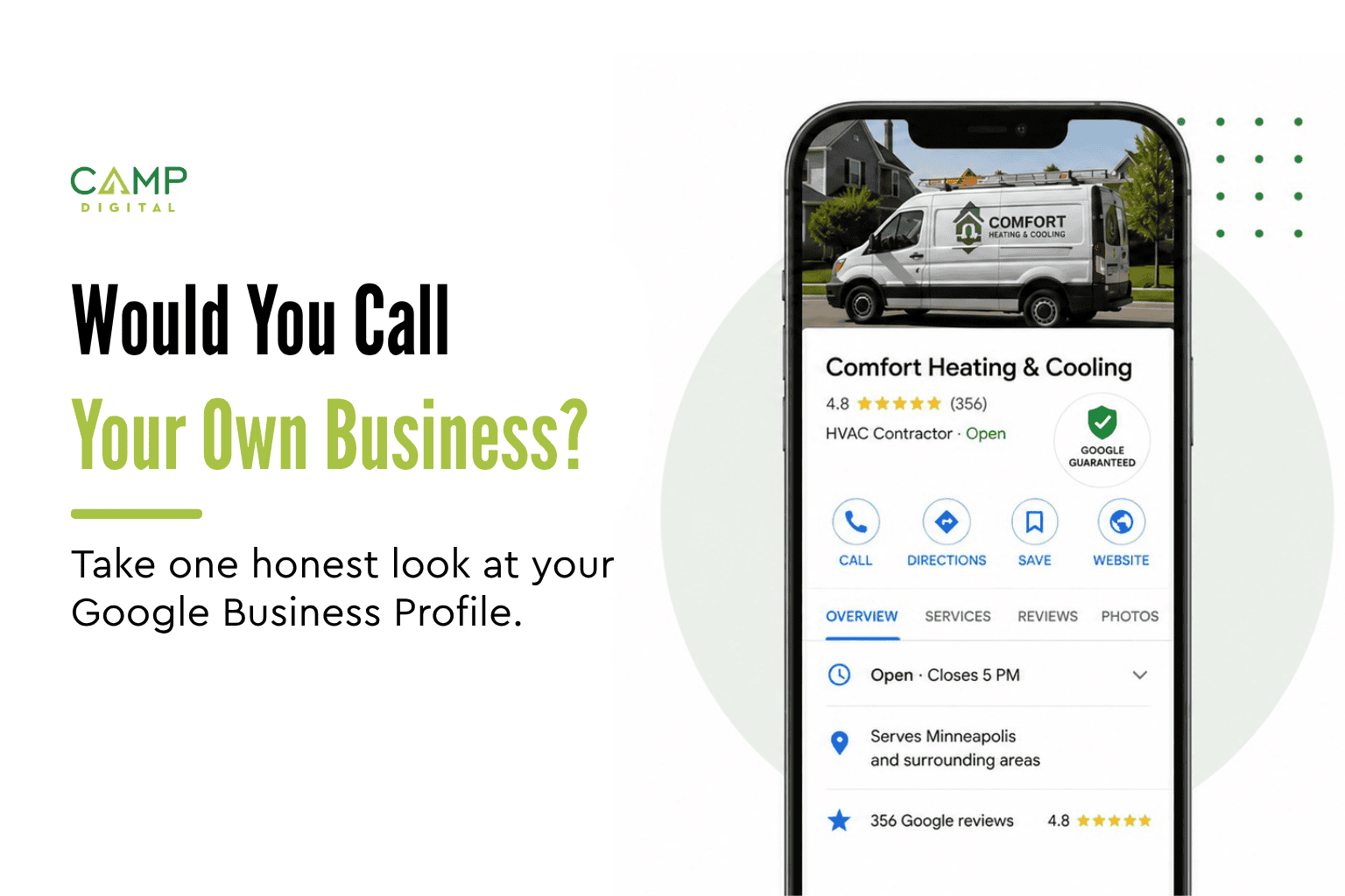 A smartphone displays a Google Business Profile for Comfort Heating & Cooling next to text promoting honest evaluation of your business profile, highlighting the importance of Google Business Profile optimization for contractors.