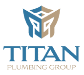 Logo for Titan Plumbing Group featuring a stylized shield in blue and gold above the company name written in blue and gold uppercase letters.