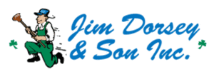 Cartoon plumber holding a plunger runs next to the text "Jim Dorsey & Son Inc." in blue script, with green shamrocks on either side.
