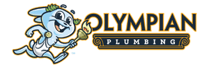 Cartoon mascot holding a torch runs next to the words “Olympian Plumbing” in bold letters.
