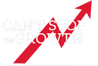 A red upward-pointing arrow with the words "CAN'T STOP THE GROWTH" overlaid in white capital letters.