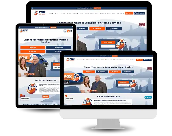 Website for Fox Home Services displayed on tablet, desktop, and mobile screens, showcasing HVAC Digital Marketing Services, service location selection, company logo, and images of staff members.