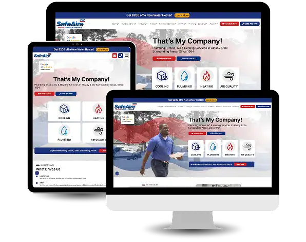 Three devices display the SafeAire website homepage, featuring service icons for cooling, plumbing, heating, and air quality in a blue and red color scheme—showcasing expert HVAC Digital Marketing Services.