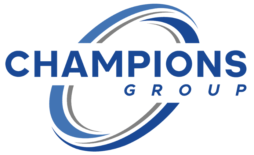 Logo with "CHAMPIONS GROUP" in blue text and curved blue and gray swooshes encircling the words.