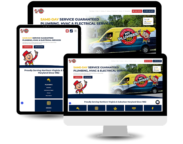 Three computer screens display a plumbing, HVAC, and electrical service company's website featuring service guarantees and a branded service van, highlighting the benefits of professional HVAC Digital Marketing Services.