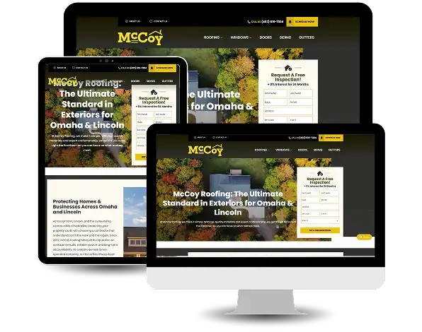 Three devices display the McCoy Roofing website homepage, featuring a yellow and black color scheme, navigation menu, and a free inspection request form—ideal inspiration for businesses seeking effective HVAC Digital Marketing Services.