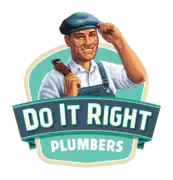 Smiling man in overalls and a cap holding a pipe wrench, above text reading "Do It Right Plumbers" in bold letters.