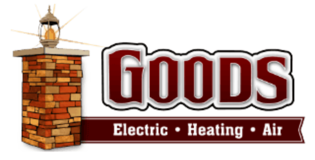 Logo showing a stone pillar with a lantern and the word "GOODS." Below are the words: Electric, Heating, Air, separated by dots.
