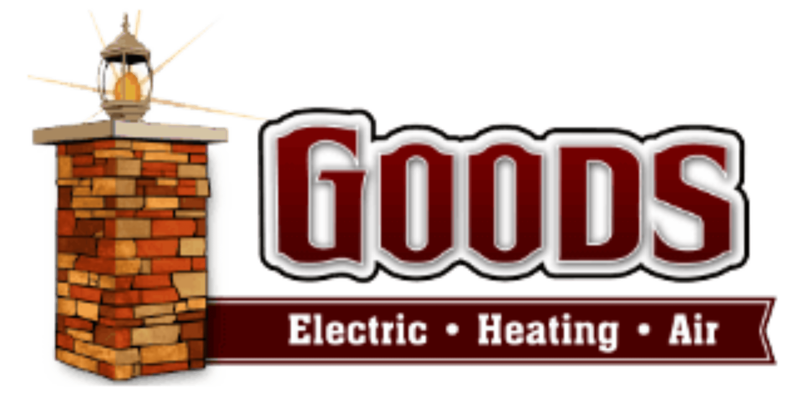 Logo showing a stone pillar with a lantern and the word "GOODS." Below are the words: Electric, Heating, Air, separated by dots.