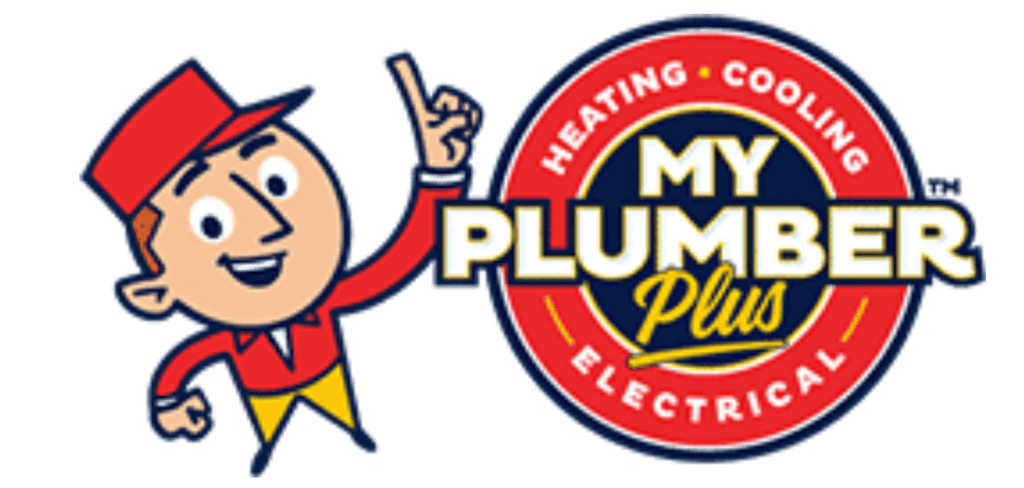 Cartoon plumber points up next to the "My Plumber Plus" logo with the words heating, cooling, and electrical in a circular border.