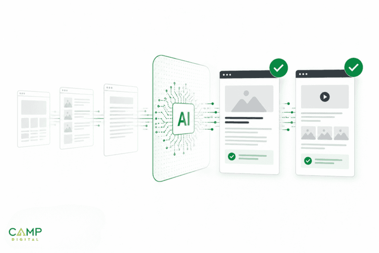 Diagram showing AI analyzing and improving web pages, transforming basic layouts into enhanced, verified versions. CAMP Digital logo appears in the bottom left corner.