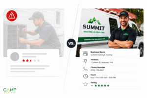 Side-by-side of a negative online review for an HVAC worker and a positive review with contact info for Summit Heating & Cooling and a technician standing by a branded van.