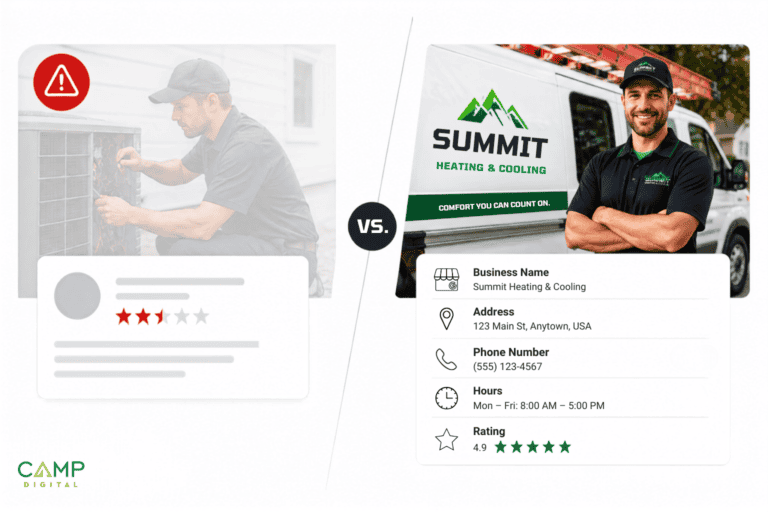 Side-by-side of a negative online review for an HVAC worker and a positive review with contact info for Summit Heating & Cooling and a technician standing by a branded van.