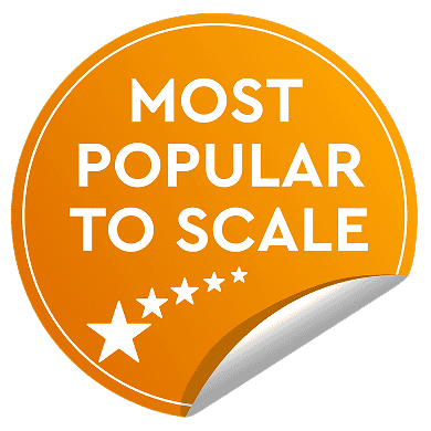 Orange sticker with white text reading “Most Popular To Scale,” and five white stars—one larger—arranged in a curved line. Ideal for highlighting top Home Service Marketing Packages, the sticker’s corner is slightly peeled.